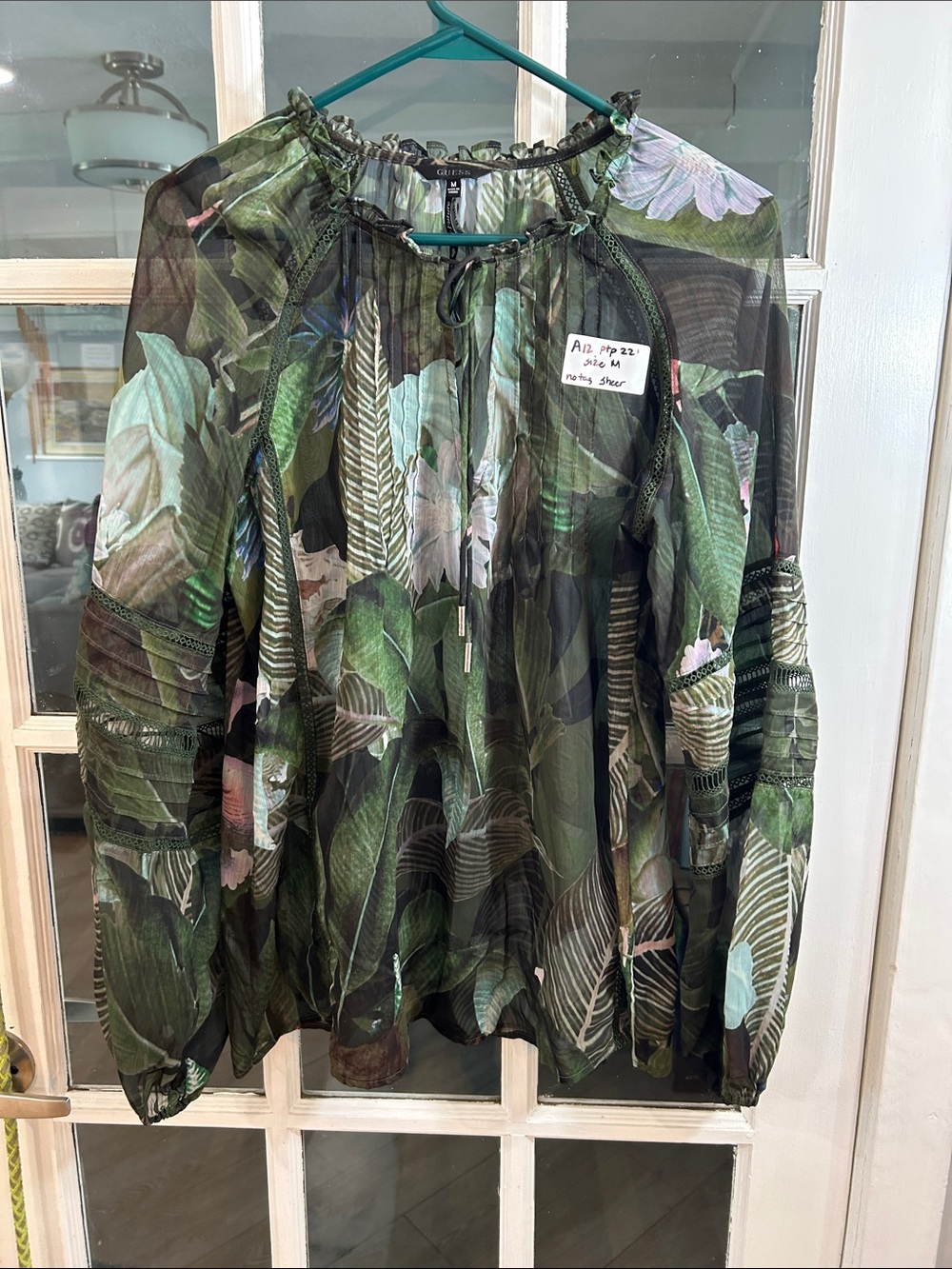 A12.    Guess Green and Pink Tropical Sheer Top